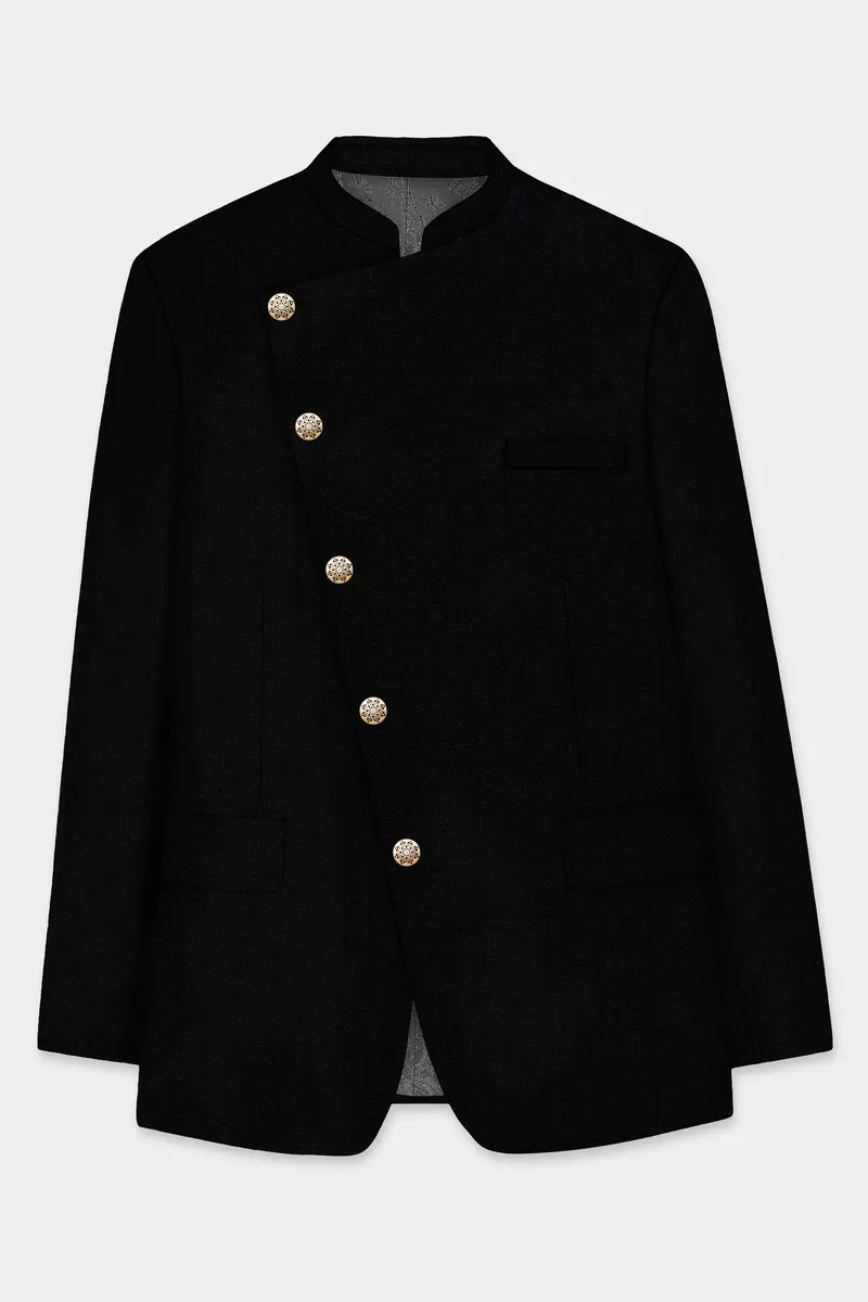 Noir-Jade Black Textured Wool Rich Cross Placket Bandhgala Blazer 6