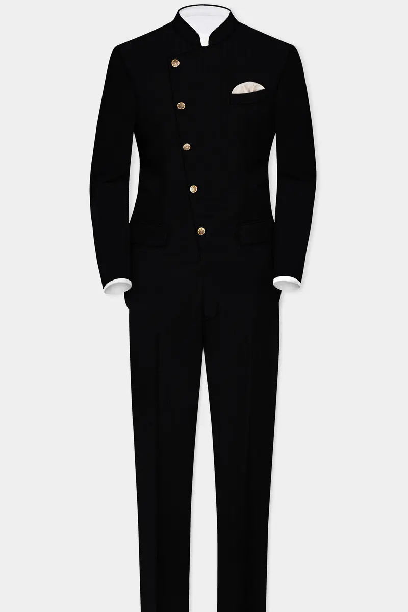 Noir-Jade Black Textured Wool Rich Cross Placket Bandhgala Blazer 8