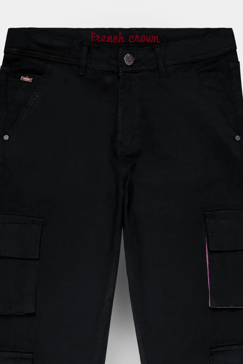 Noir-Midnight Black Clean Look Stretchable Cargo Denim 4
