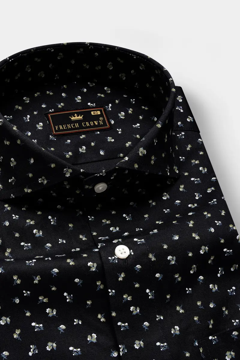 Noirbloom-Jade Black Micro Flower Printed Super Soft Premium Cotton Shirt 1