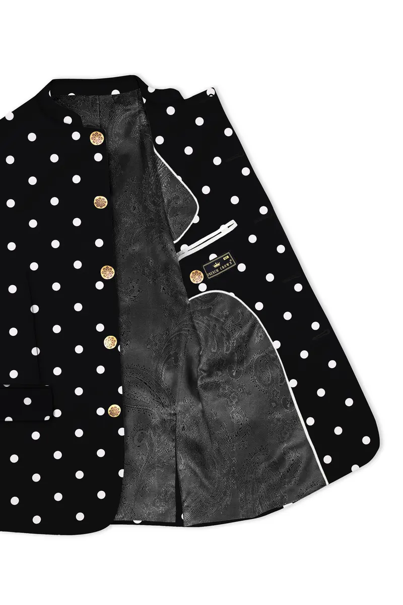Noirdot-Jade Black Dots Polka Printed Premium Cotton Bandhgala Blazer 4