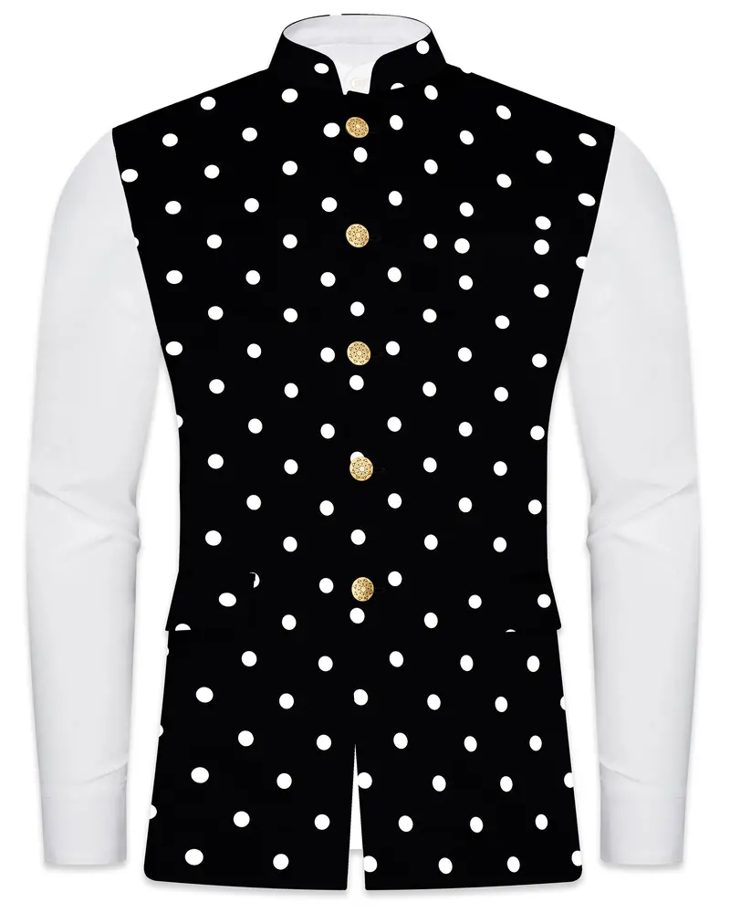 Noirdot-Jade Black Polka Dots Printed Premium Cotton Nehru Jacket 1