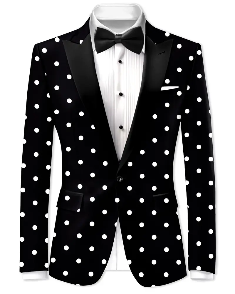 Noirdot-Jade Black Polka Dots Printed Premium Cotton Peak Lapel Tuxedo Blazer 1