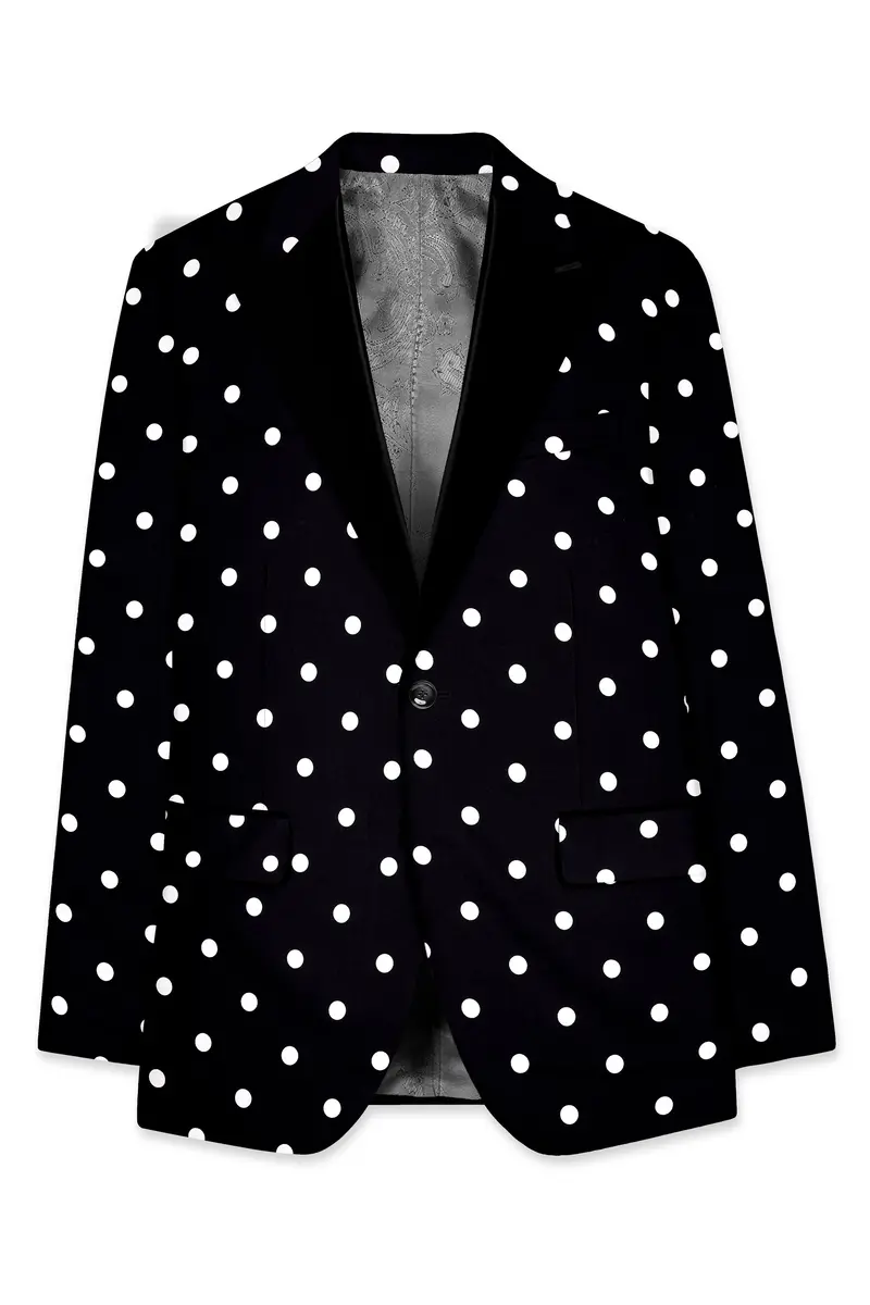 Noirdot-Jade Black Polka Dots Printed Premium Cotton Peak Lapel Tuxedo Blazer 7