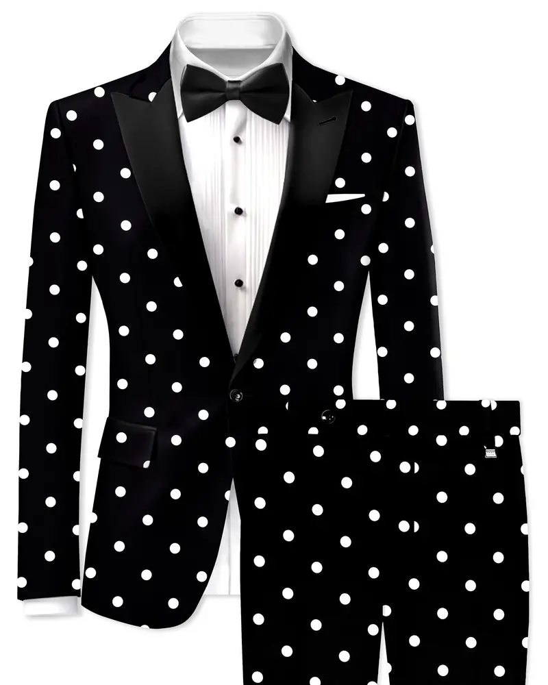 Noirdot-Jade Black Polka Dots Printed Premium Cotton Peak Lapel Tuxedo Suit 1