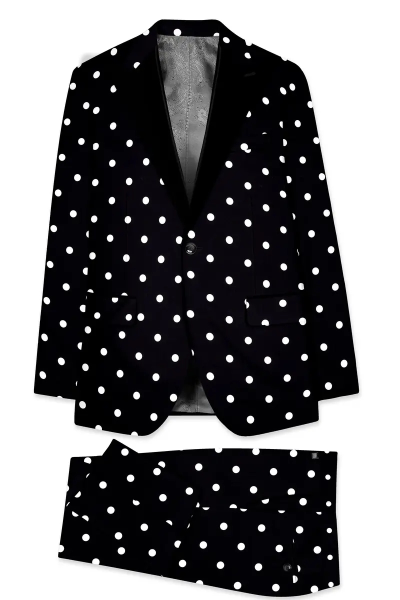 Noirdot-Jade Black Polka Dots Printed Premium Cotton Peak Lapel Tuxedo Suit 11
