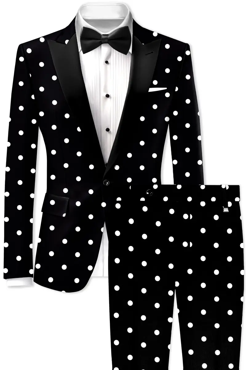 Noirdot-Jade Black Polka Dots Printed Premium Cotton Peak Lapel Tuxedo Suit 2