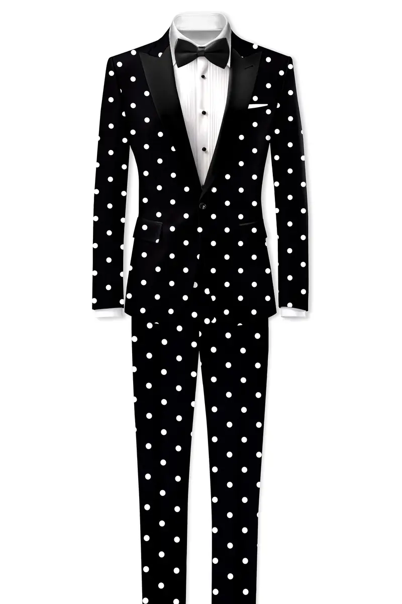 Noirdot-Jade Black Polka Dots Printed Premium Cotton Peak Lapel Tuxedo Suit 4