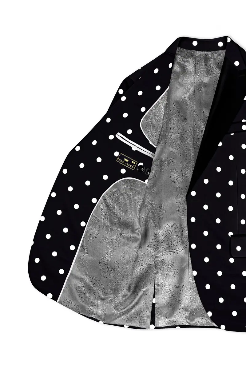 Noirdot-Jade Black Polka Dots Printed Premium Cotton Peak Lapel Tuxedo Suit 6