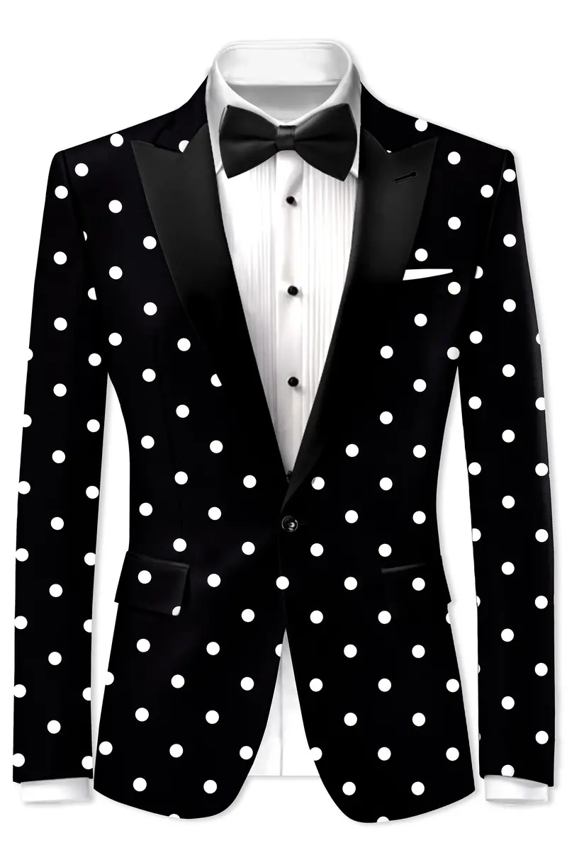 Noirdot-Jade Black Polka Dots Printed Premium Cotton Peak Lapel Tuxedo Suit 8
