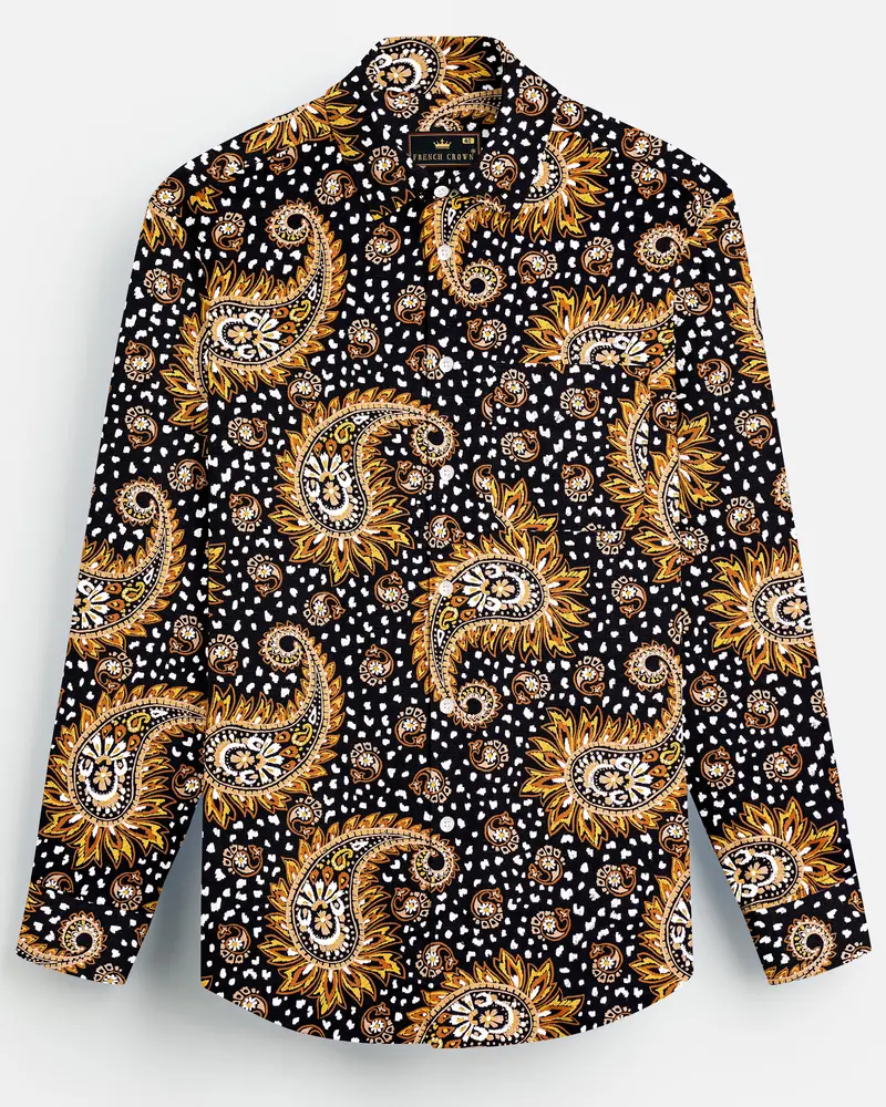 Noirdra-Jade Black And Anzac Yellow Paisleys Printed Oxford Premium Cotton Casual Shirt 1