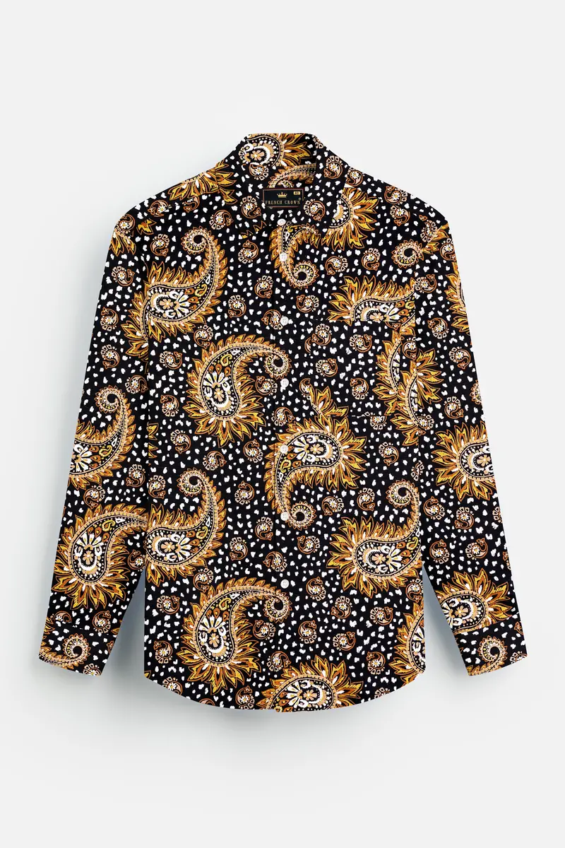 Noirdra-Jade Black And Anzac Yellow Paisleys Printed Oxford Premium Cotton Casual Shirt 2