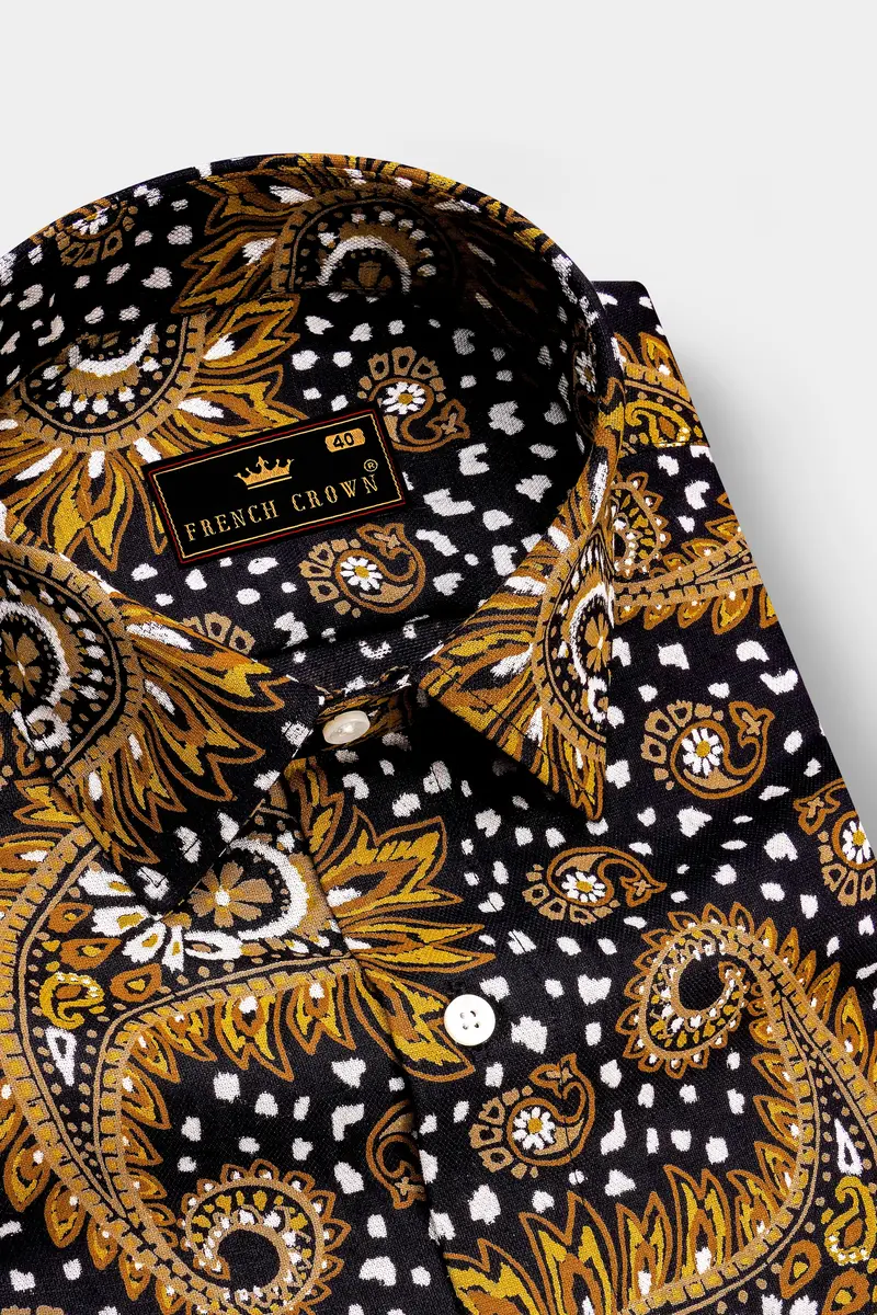 Noirdra-Jade Black And Anzac Yellow Paisleys Printed Oxford Premium Cotton Casual Shirt 4