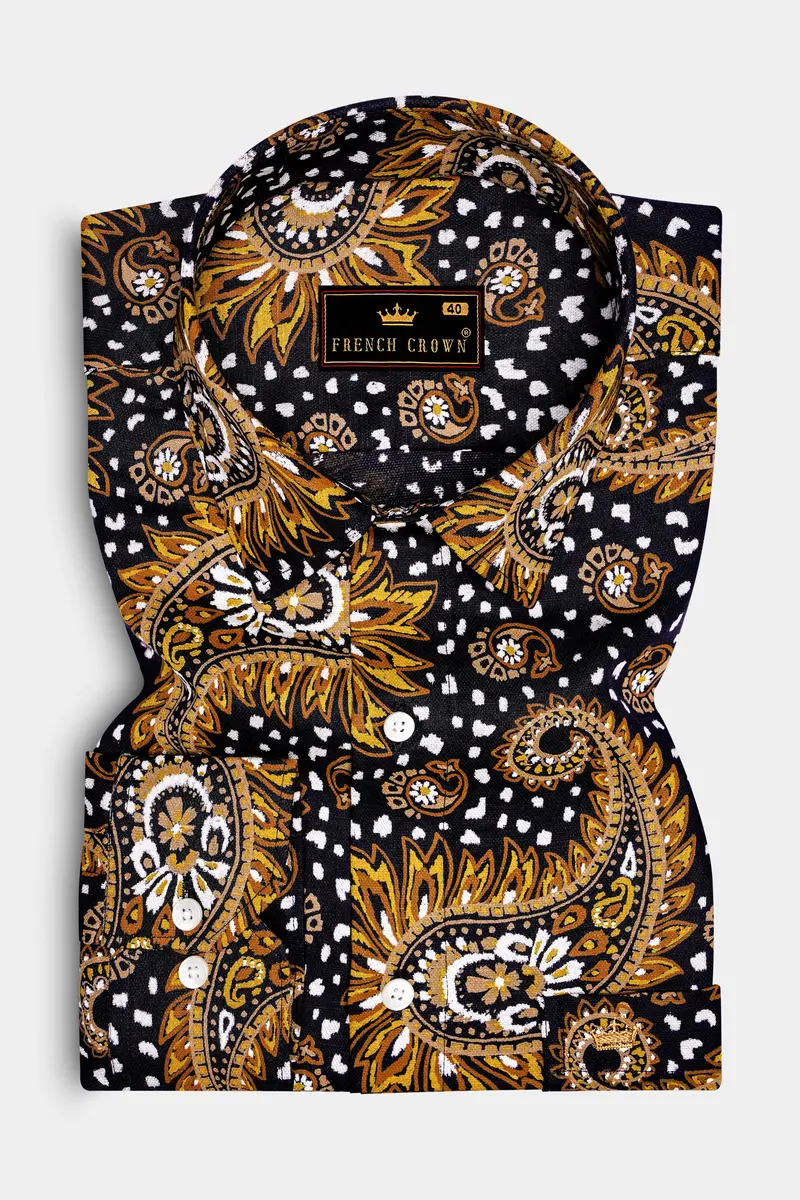 Noirdra-Jade Black And Anzac Yellow Paisleys Printed Oxford Premium Cotton Casual Shirt 5