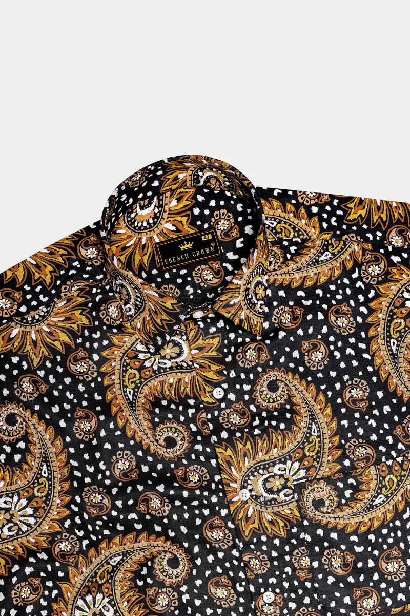 Noirdra-Jade Black And Anzac Yellow Paisleys Printed Oxford Premium Cotton Casual Shirt 6