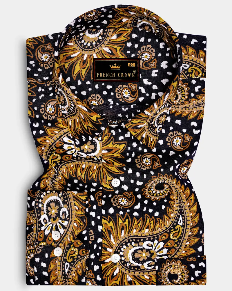 Noirdra-Jade Black And Anzac Yellow Paisleys Printed Oxford Premium Cotton Casual Shirt 8