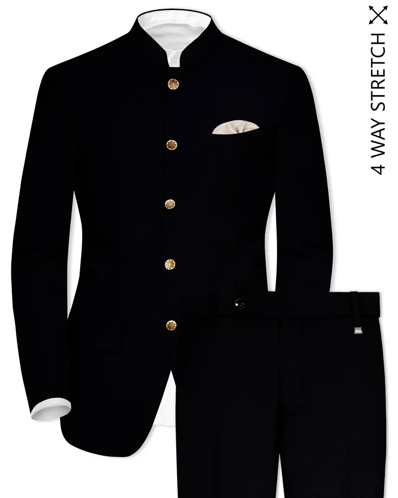 Noirex-Korean Black (The Best Black We Have) 4-Way Stretch Wrinkle-Free Bandhgala Suit 1