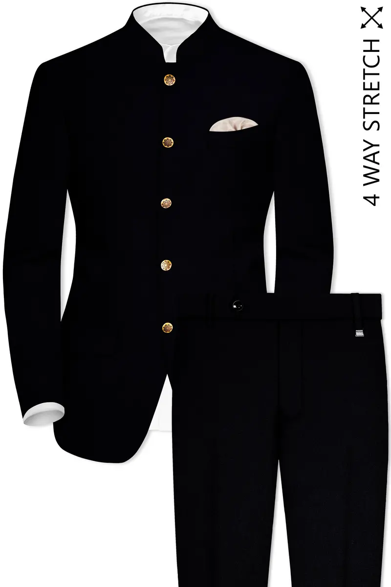 Noirex-Korean Black (The Best Black We Have) 4-Way Stretch Wrinkle-Free Bandhgala Suit 2