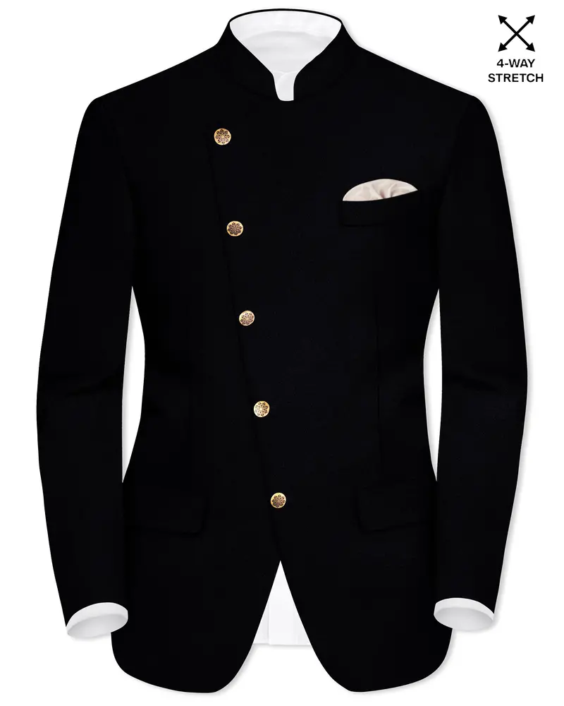 Noirex-Korean Black (The Best Black We Have) Cross Placket 4-Way Stretch Bandhgala Wrinkle-Free Blazer 1