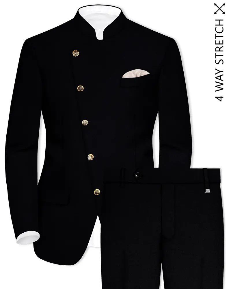 Noirex-Korean Black (The Best Black We Have) Cross Placket 4-Way Stretch Wrinkle-Free Bandhgala Suit 1
