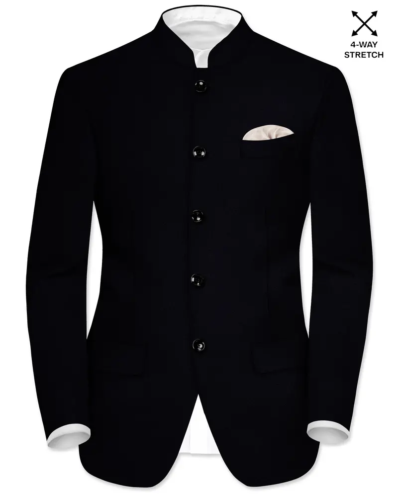 Noirex-Korean Black (The Best Black We Have) Wool Rich Bandhgala Slight Stretch Blazer 1