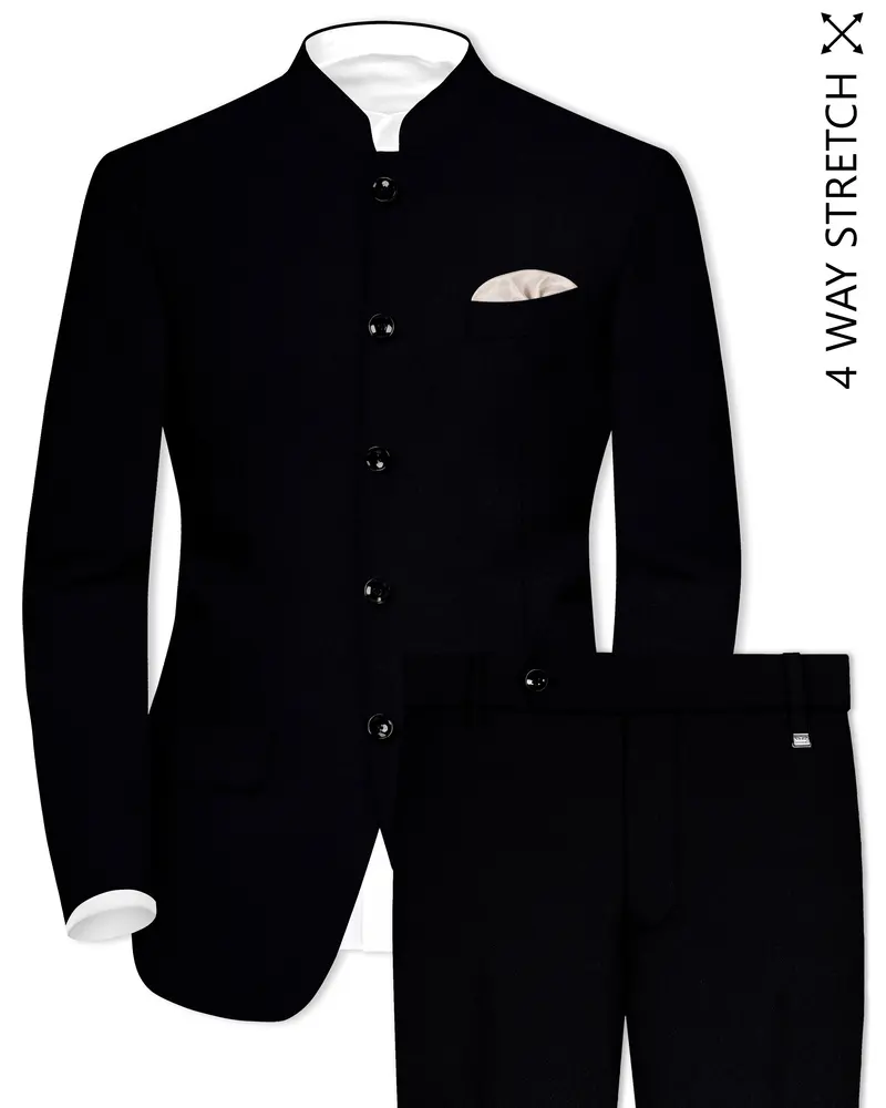 Noirex-Korean Black (The Best Black We Have) Wool Rich Bandhgala Slight Stretch Suit 1