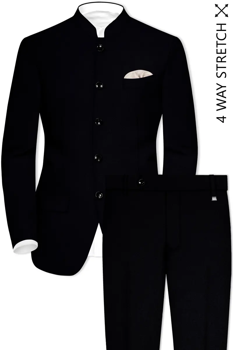 Noirex-Korean Black (The Best Black We Have) Wool Rich Bandhgala Slight Stretch Suit 2