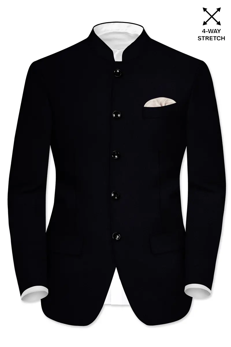 Noirex-Korean Black (The Best Black We Have) Wool Rich Bandhgala Slight Stretch Suit 9