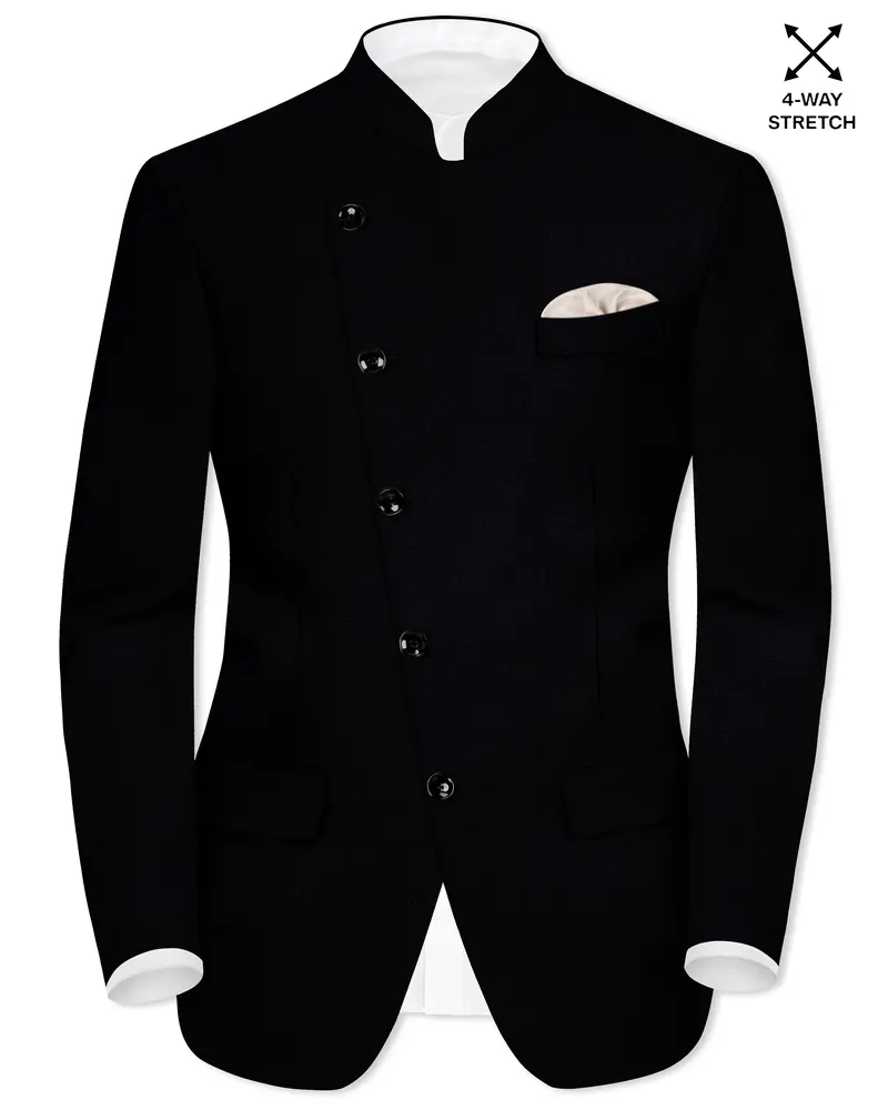 Noirex-Korean Black (The Best Black We Have) Wool Rich Cross Placket Bandhgala Slight Stretch Blazer 1
