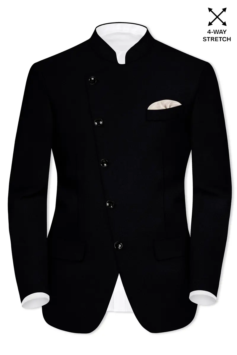Noirex-Korean Black (The Best Black We Have) Wool Rich Cross Placket Bandhgala Slight Stretch Blazer 2