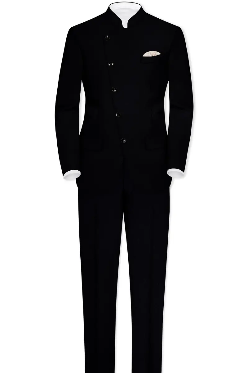 Noirex-Korean Black (The Best Black We Have) Wool Rich Cross Placket Bandhgala Slight Stretch Blazer 8