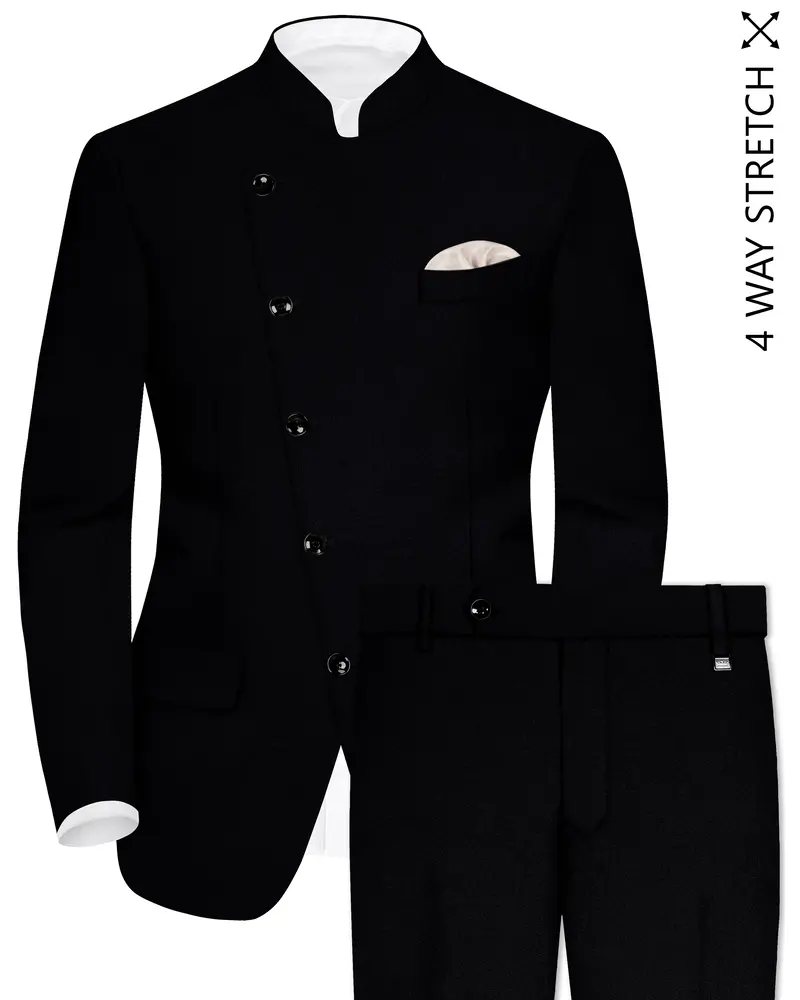 Noirex-Korean Black (The Best Black We Have) Wool Rich Cross Placket Bandhgala Slight Stretch Suit 1