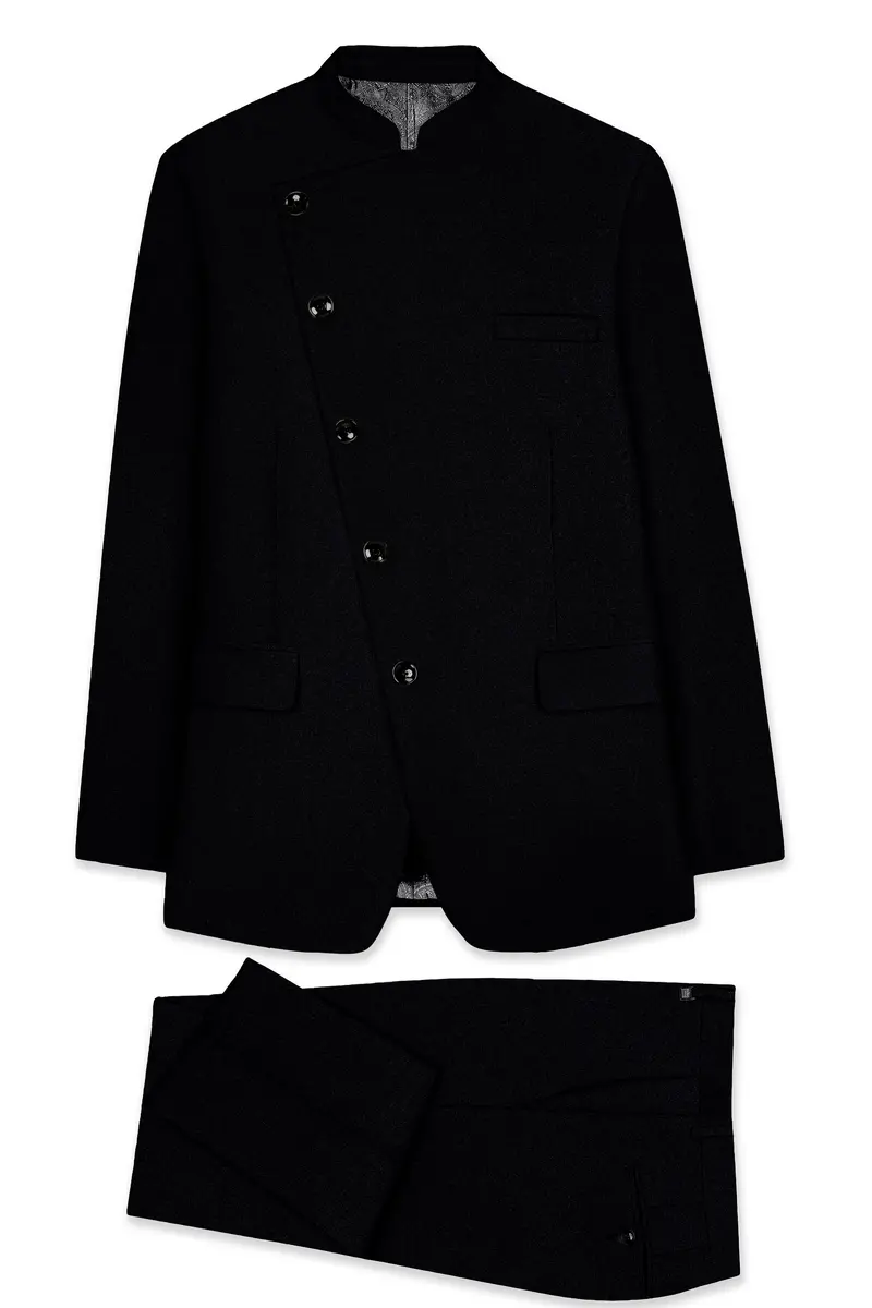 Noirex-Korean Black (The Best Black We Have) Wool Rich Cross Placket Bandhgala Slight Stretch Suit 10