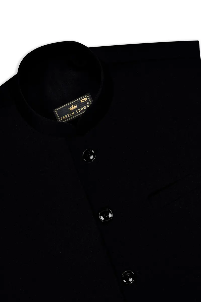 Noirex-Korean Black (The Best Black We Have) Wool Rich Cross Placket Bandhgala Slight Stretch Suit 17