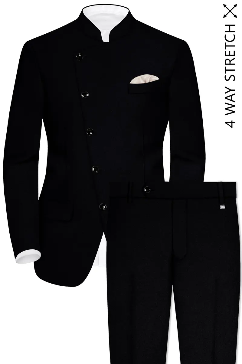 Noirex-Korean Black (The Best Black We Have) Wool Rich Cross Placket Bandhgala Slight Stretch Suit 2