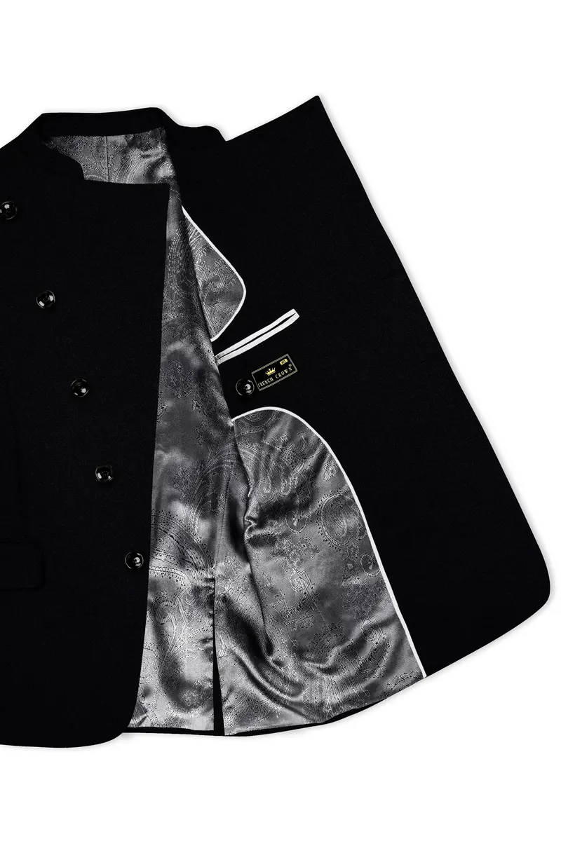 Noirex-Korean Black (The Best Black We Have) Wool Rich Cross Placket Bandhgala Slight Stretch Suit 5