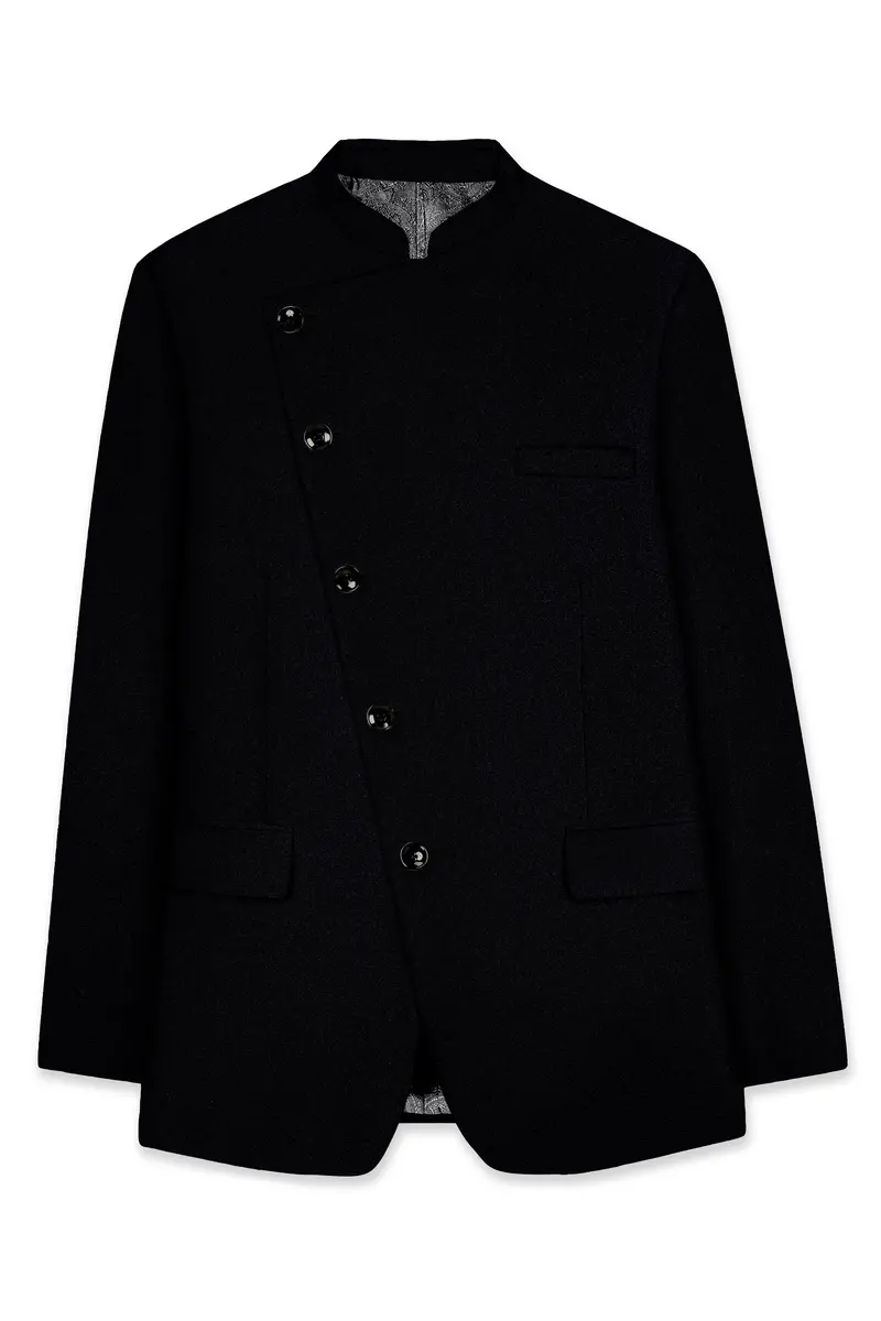 Noirex-Korean Black (The Best Black We Have) Wool Rich Cross Placket Bandhgala Slight Stretch Suit 7