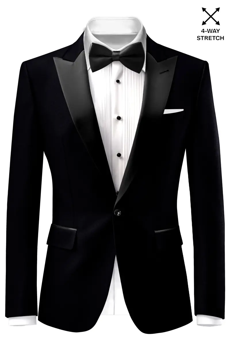 Noirex-Korean Black (The Best Black We Have) Wool Rich Peak Lapel Tuxedo Slight Stretch Blazer 2