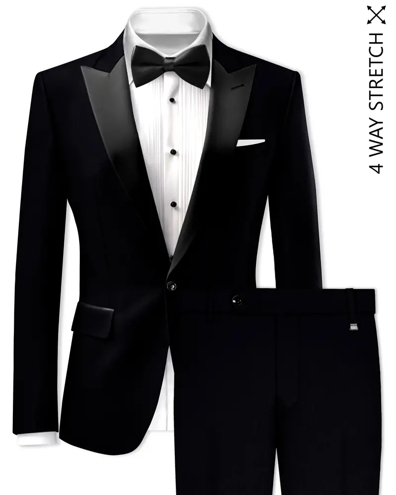 Noirex-Korean Black (The Best Black We Have) Wool Rich Peak Lapel Tuxedo Slight Stretch Suit 1