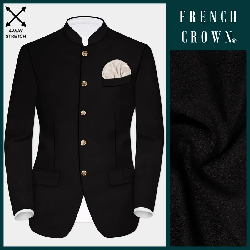 Noirflex-Jade Black 4-Way Stretch Wrinkle-Free Textured Bandhgala Blazer 1