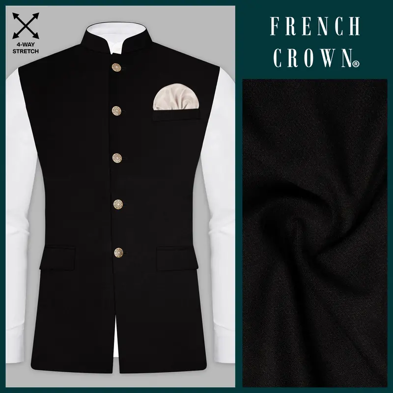 Noirflex-Jade Black 4-Way Stretch Wrinkle-Freetextured Nehru Jacket 1