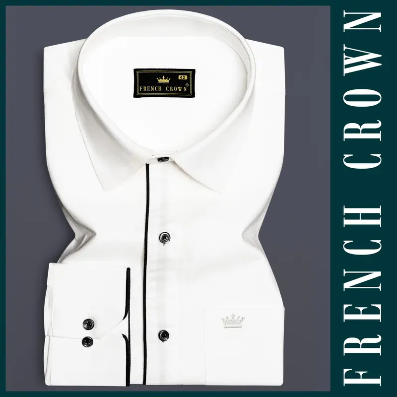 Noirluxe-Bright White With Black Piping Solid Royal Oxford Designer Shirt 1