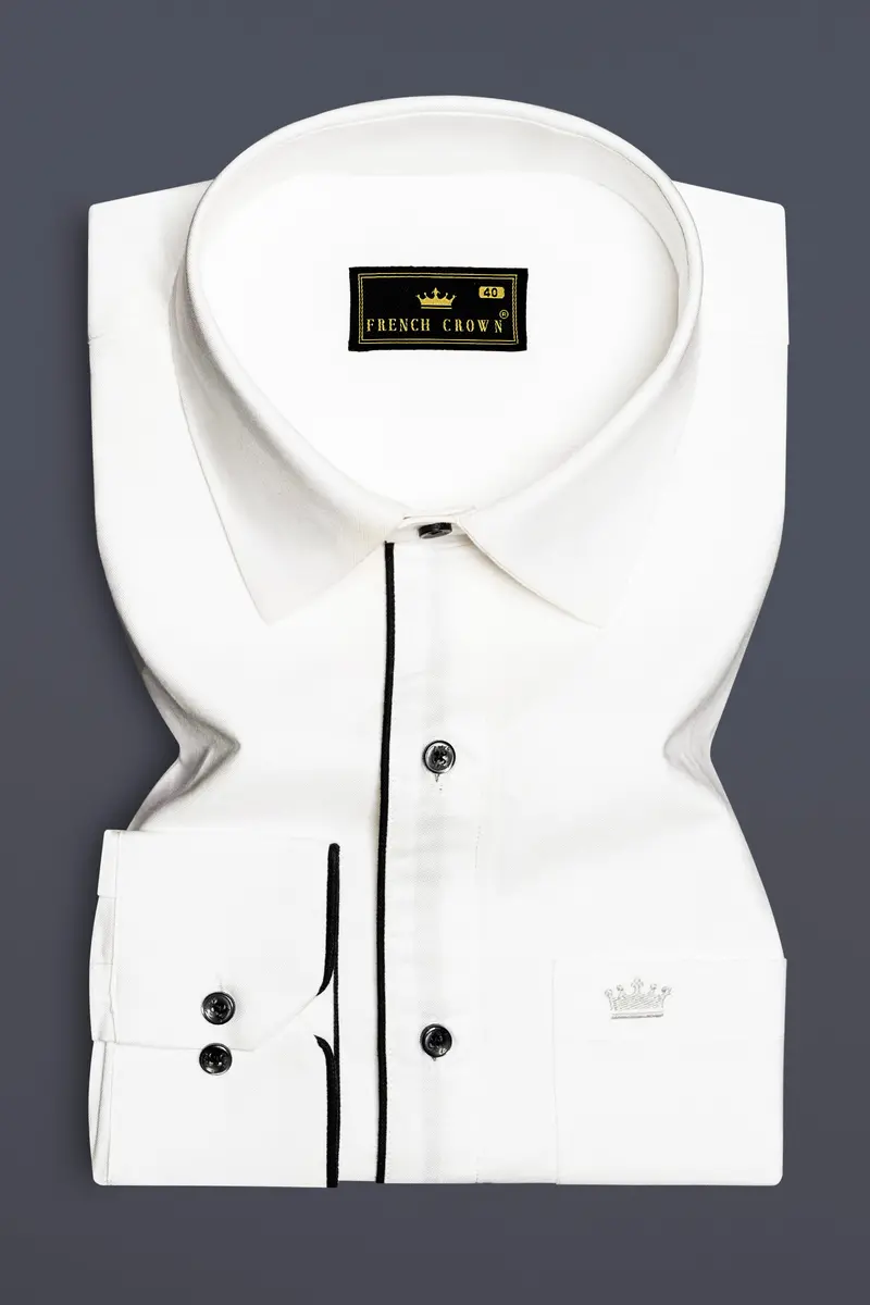 Noirluxe-Bright White With Black Piping Solid Royal Oxford Designer Shirt 2