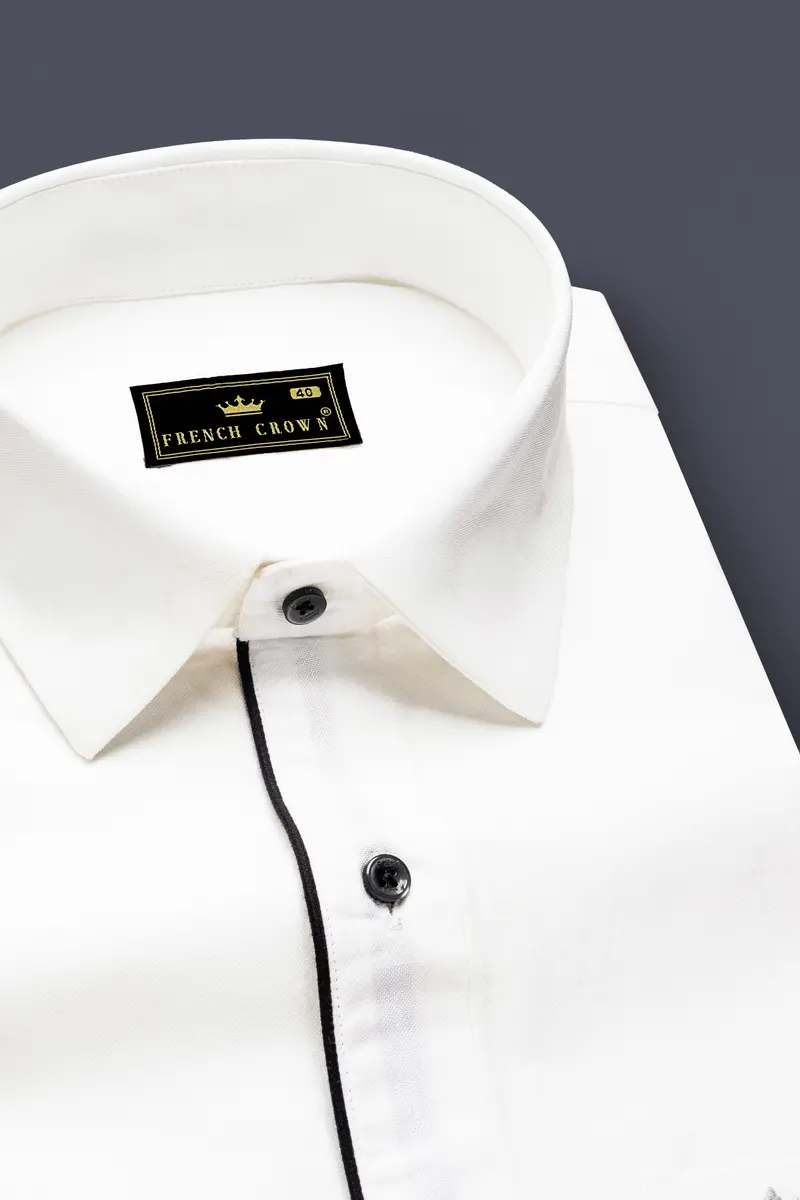 Noirluxe-Bright White With Black Piping Solid Royal Oxford Designer Shirt 4
