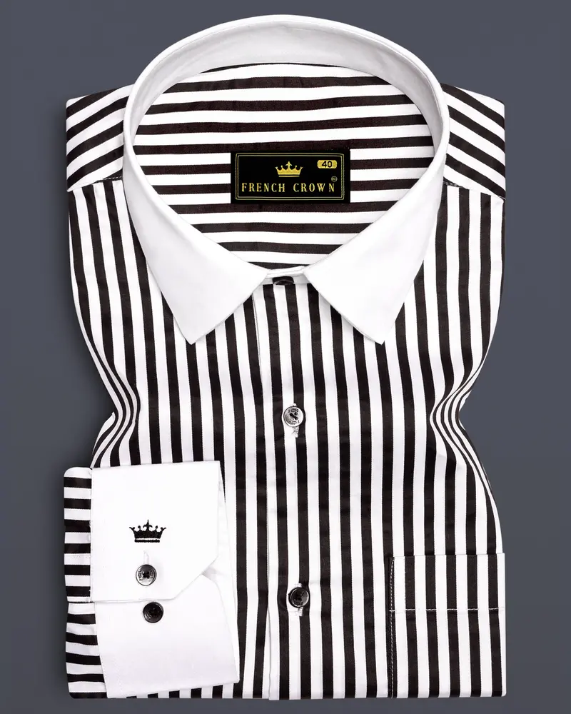 Noirlyn-Jade Black And Bright White Striped Super Soft Premium Cotton Dress White Cuff Collar Shirt 1