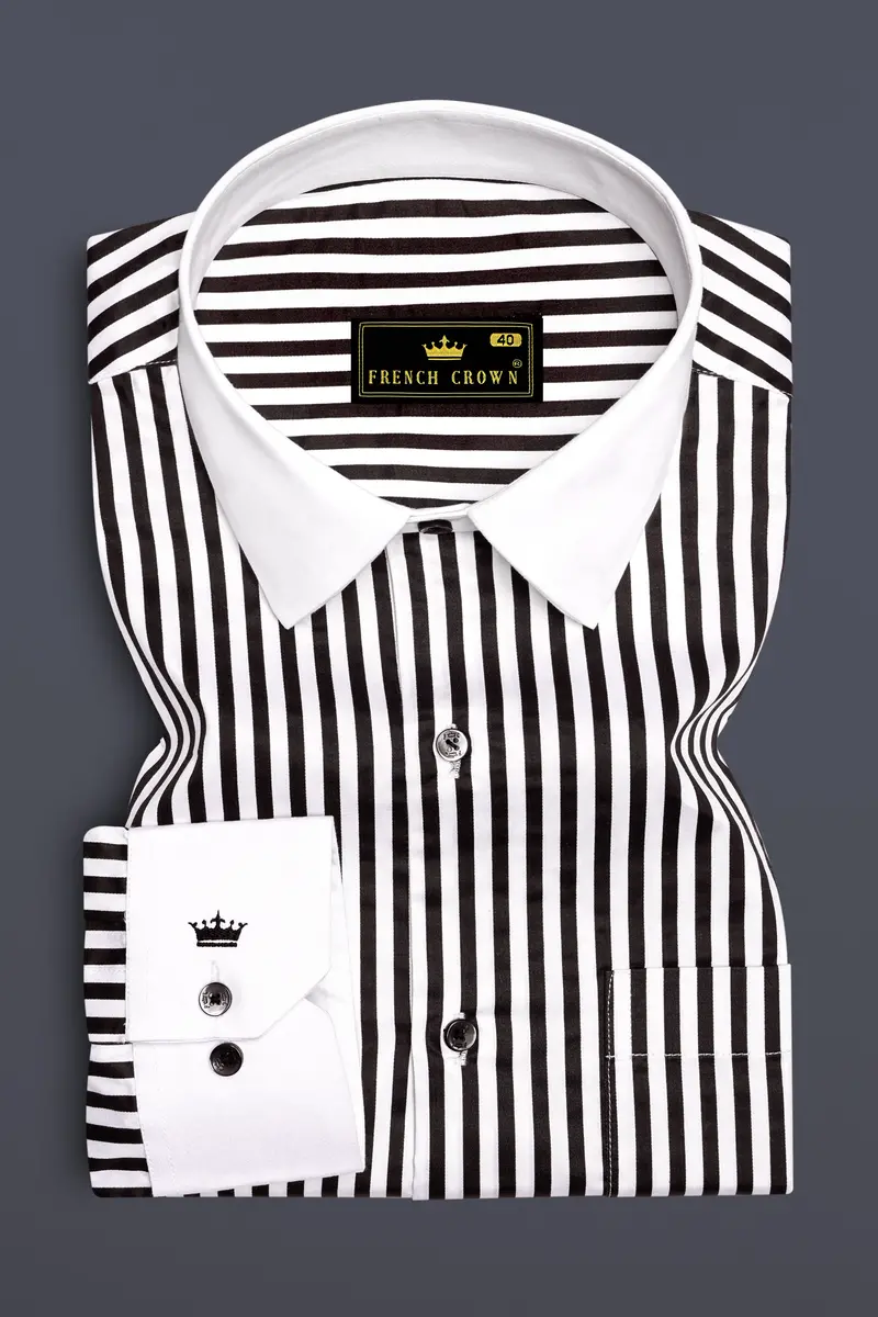 Noirlyn-Jade Black And Bright White Striped Super Soft Premium Cotton Dress White Cuff Collar Shirt 2