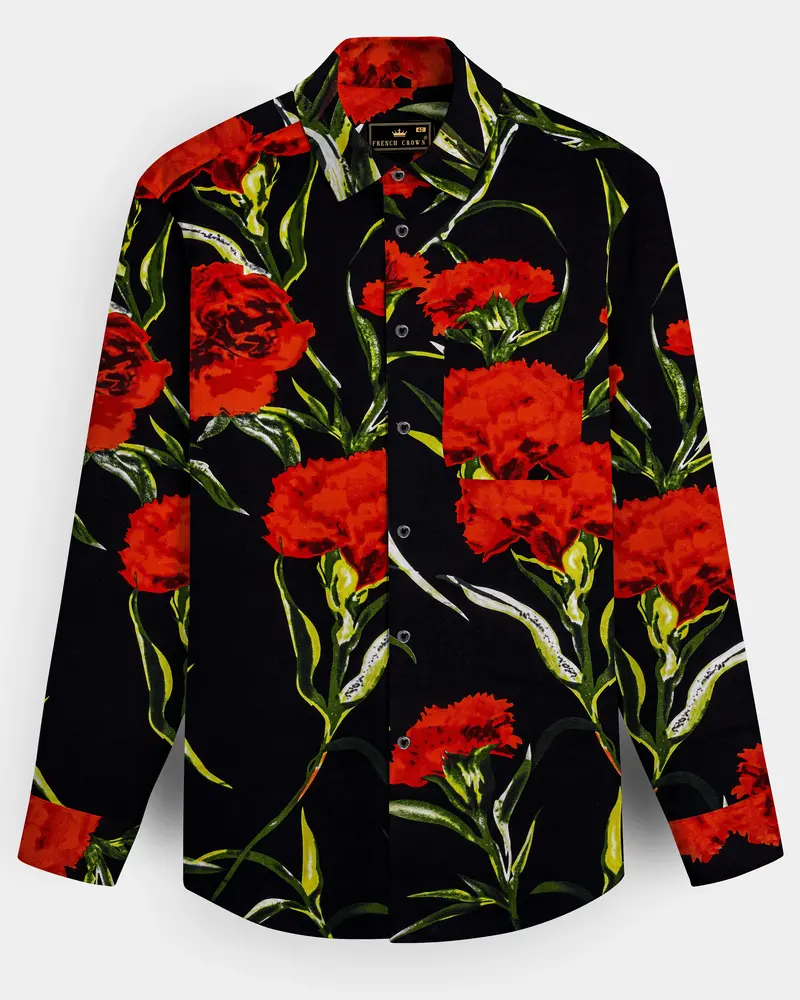 Noirrosa-Jade Black And Milano Red Floral Printed Super Soft Premium Cotton Casual Shirt 1
