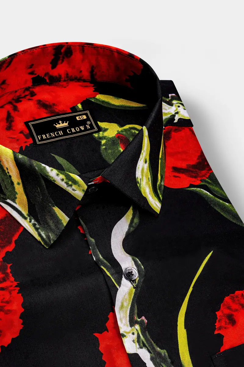 Noirrosa-Jade Black And Milano Red Floral Printed Super Soft Premium Cotton Casual Shirt 4