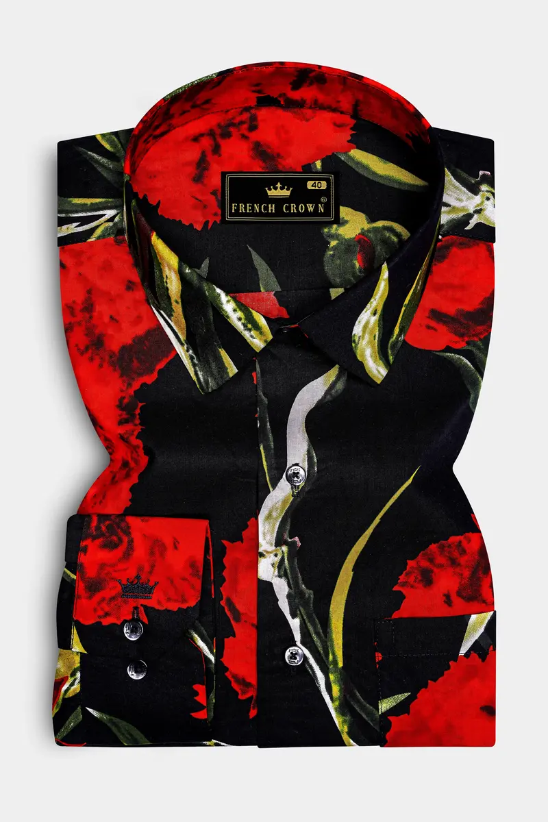 Noirrosa-Jade Black And Milano Red Floral Printed Super Soft Premium Cotton Casual Shirt 5