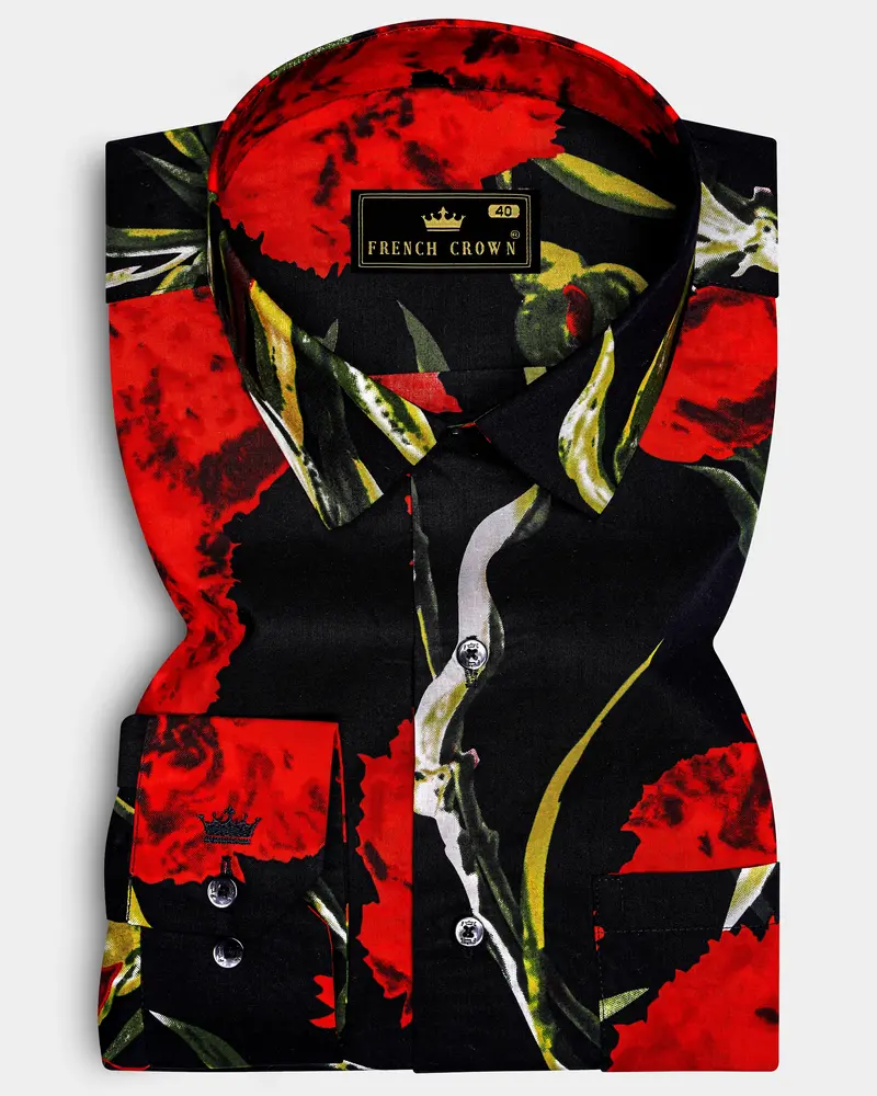 Noirrosa-Jade Black And Milano Red Floral Printed Super Soft Premium Cotton Casual Shirt 8